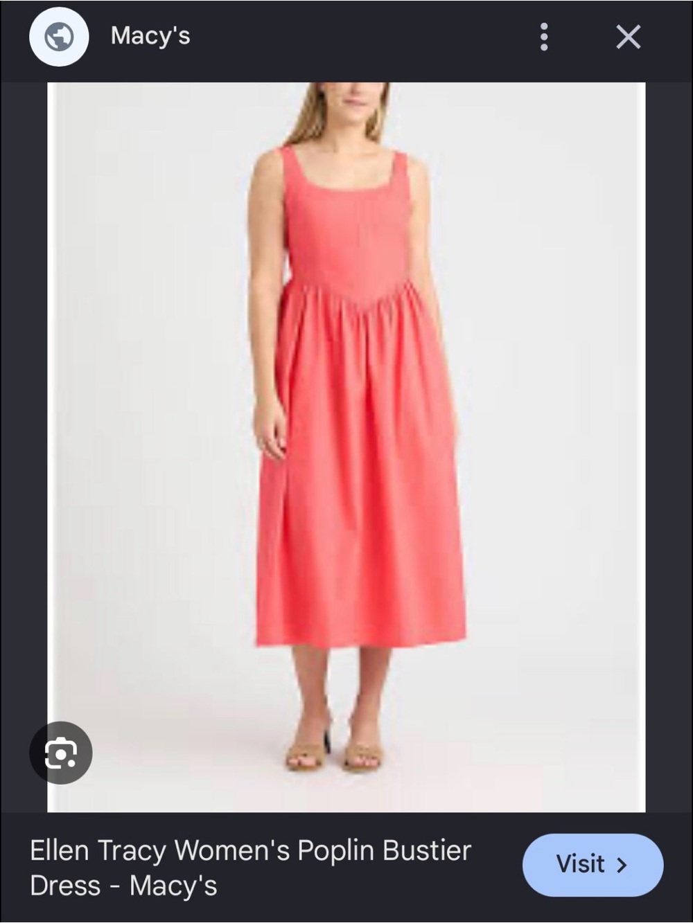 Ellen Tracy Coral Poplin Square-Neck Midi Dress